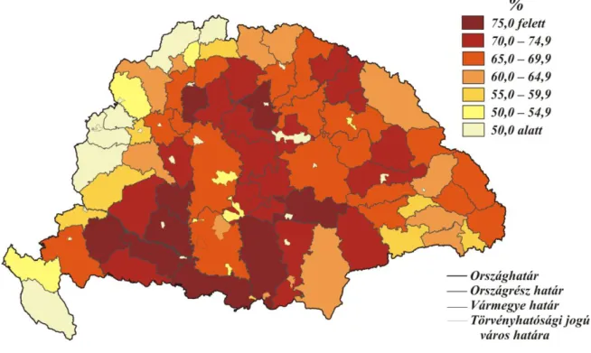 8. ábra: A 20–24 éves férjezett és korábban férjezett nők korcsoportos aránya 1910-ben  törvényhatóságonként (%) 