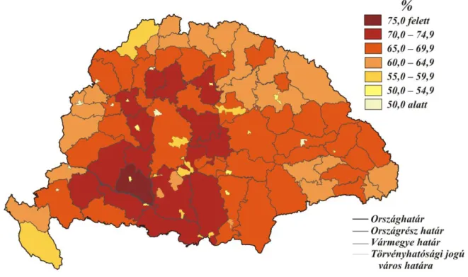 9. ábra: A 15–49 éves nők férjezettsége 1910-ben törvényhatóságonként (%) 