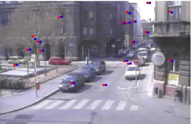 Figure 2.9: Keypoint pairs (red/blue) on the video frame, plotted to the ﬁrst frame while the second moved