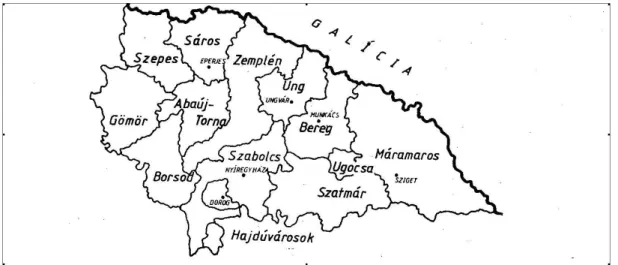 1. ábra: A munkácsi püspökség joghatósága alá tartozó vármegyék 1771-1816 között 64