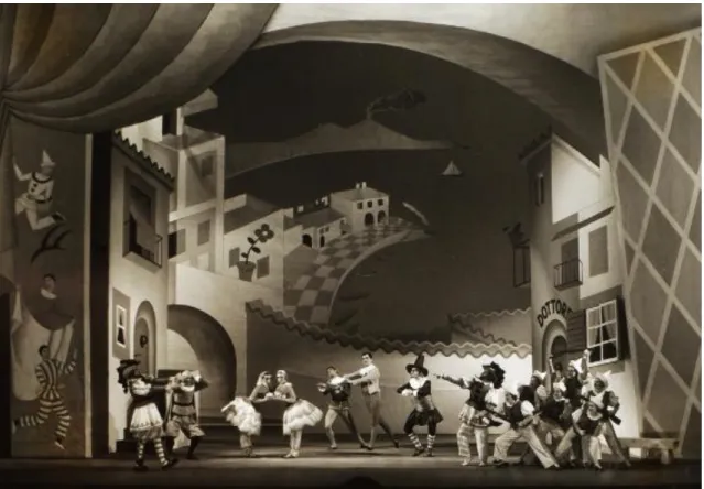 6. kép: Milhaud Francia saláta címmel bemutatott balettja a budapesti Operaházban,  1938-ban; Oláh Gusztáv színpadképe 
