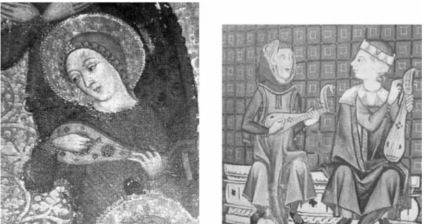 2. kép:  Gittern-ábrázolás  ismeretlen festő  13.  századi spanyol táblaképén  3. kép:  Alfonso X „El Sabio&#34;  (1221-1284)  gittemen játszik