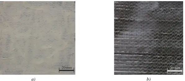 Figure 28. Production of prepregs: CBT powder dispersed on UD carbon fiber weave (a), prepreg  sheet (b) 