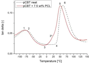 Figure 41. Tangent delta values of neat pCBT and pCBT+PCL samples 