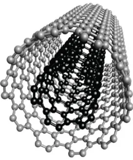 9. ábra Szén nanocsövek atomi szerkezete. A TEM képeken (bal) a hengeres geometria 3 ,  míg az STM képen (jobb) a falakat alkotó hatszöges grafén rács azonosítható 14 