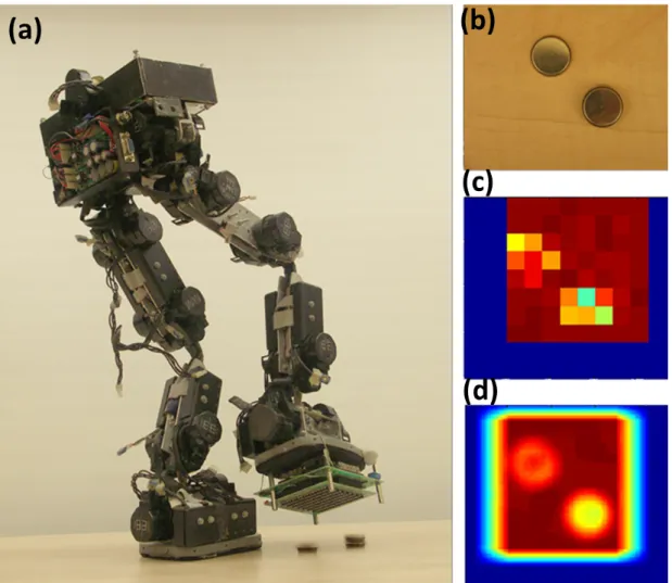 Figure 2.9: The previous version of the sensor array (describen in [4]) was attached to a bipedal robot [3] in order to detect obstacles under the robot feet (a)