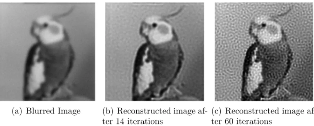 Figure 1.1: An example how non-regularized deconvolution methods amplify noise if not stopped at the optimal iteration.