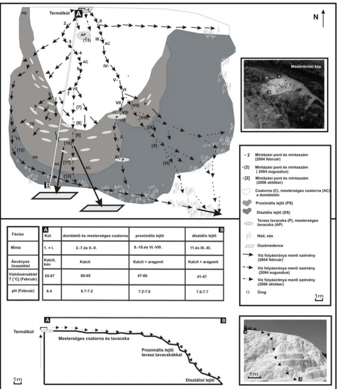 4-1. ábra: A egerszalóki édesvízi mészkődomb és termálvíz mintavételi pontjai, ásványos összetétele és  fácies-típusai
