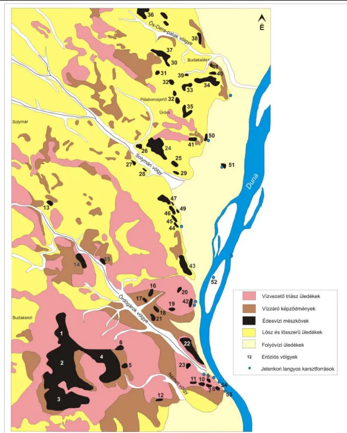5-5. ábra: A Budai-hegység vázlatos földtani térképe, feltüntetve az édesvízi mészkő előfordulásokat  (Scheuer és Schweitzer 1974a alapján, módosítva)