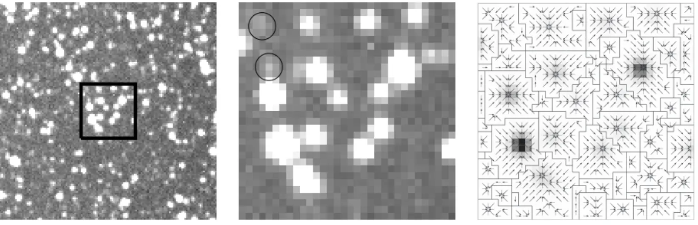 Figure 2.8: Left panel: a stamp of 128 × 128 pixels from a typical crowded HAT image, covering approximately 0.5 ◦ × 0.5 ◦ area on the sky