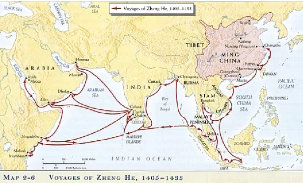 2. ábra A Ming-dinasztia idején megvalósított tengeri expedíciók Cseng Ho vezetésével  Forrás: www.history.ucsb.edu/faculty/marcuse/classes/2c/lectures/06L11ChinaJapan.htm 
