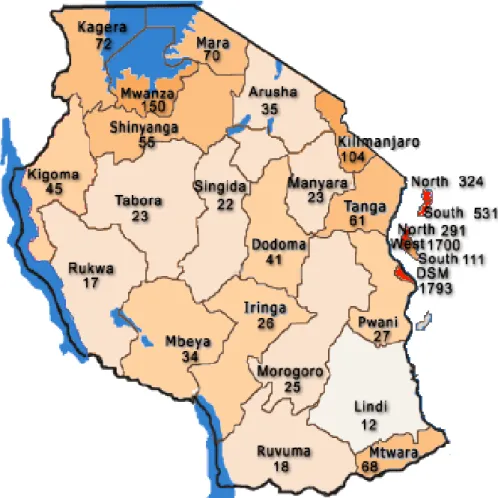 6. ábra Népsűrűség régiónként (fő/km 2 )  Forrás: www.tanzania.go.tz/census/map2.htm 