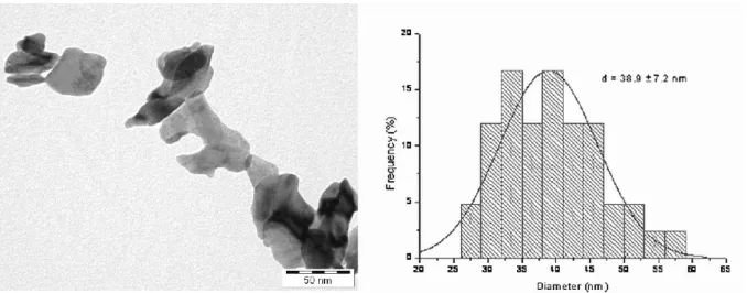 Figure 1. TEM image (left) and size histogram (right) of the PbO NPs.