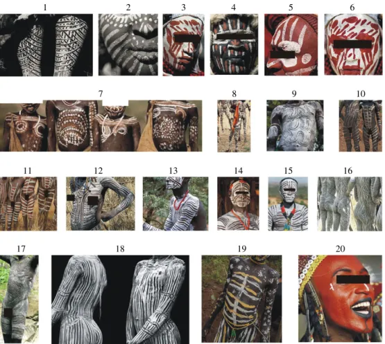 Figure 1. Selection of typical bodypainting patterns of different African tribes. The geographical site (continent, region with horsefly references) of these tribes and the websites these pictures were obtained from are given in table 1
