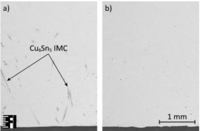 Figure 4: SEM micrographs of the SAC305 samples: a) solidified with 0.3 K/s; b)  solidified with 2.5 K/s 