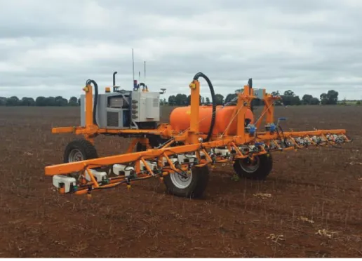 Figure 7. 4WD SwarmFarm robots carrying WeedSeeker technology cover  the paddock spraying only living weeds Source: (Bloomer, 2017)