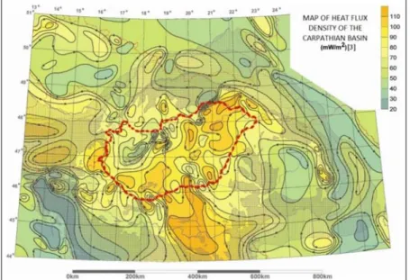 Fig. 9. Map of the heat flux density of the Carpathian Basin and surrounding  region [13, 14, 15]