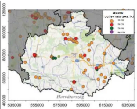 Fig. 12. Distribution of registered thermal wells in Baranya county [11]