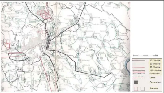 Fig. 4. Section of the electrical energy supply network in region of Himesháza-Mohács- Himesháza-Mohács-Pécs-Komló-Bátaszék