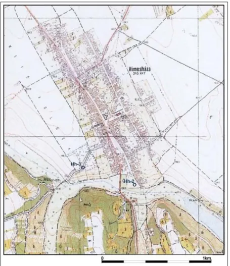 Fig. 7. Locations of wells Hh-2 and Hh-3 in Himesháza, according to the V2  Plansheet [10]