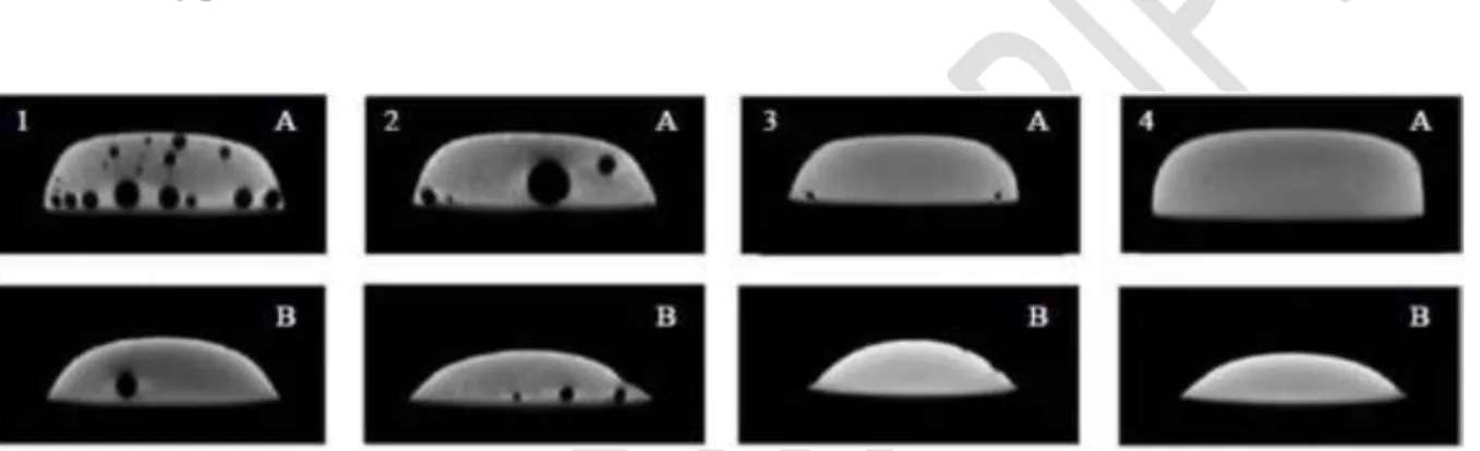 Fig. 3. Cross-section figures (by computer tomography) of voids in solder joints prepared  with and without vacuum option: A, B – corresponds to different cross section surfaces: 1 – 