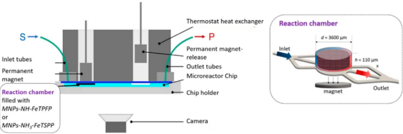 Figure 2. Cross-sectional view of Magneflow chip holder with the microreactor chip. A layer of magnetic nanoparticles (MNP) is formed in the reaction chambers due to the magnetic field applied by moving the permanent magnets toward the microreactor chip