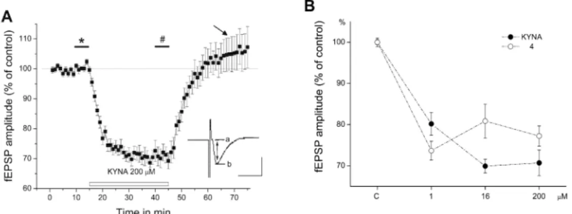 Figure 1. Effect of KYNA and 4 (one of its derivatives) on the field excitatory evoked potentials (fEPSPs) recorded in CA1 region of hippocampus