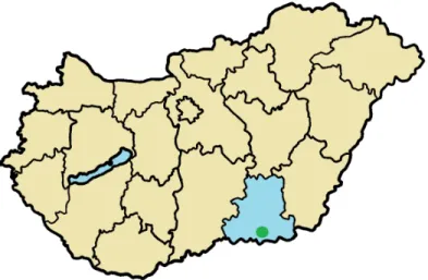 Figure 1. Study site in Hungary (Southern Great Plain of Hungary: in blue; Albert Szent-Györgyi  Clinical Center, Szeged: in green)