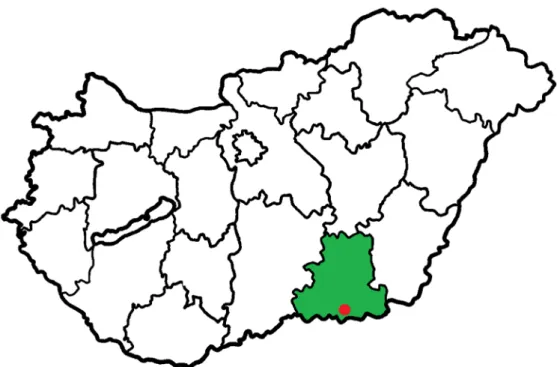 Figure 3. Study site in Hungary (Southern Great Plain of Hungary: in green; Albert Szent-Györgyi  Clinical Center, Szeged: in red)