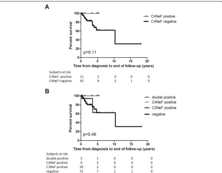 Fig. 2 Kaplan-Meier analysis of IC-MPGN/C3G patients ’ renal survival in the groups with or without C4NeF (a) and in groups with positivity for C3NeF and/or C4NeF, and double-negative patients (b)