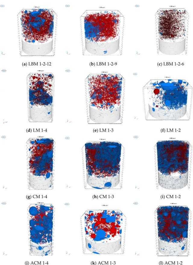 Figure 2. Nanotomography images of the mortar samples: red color-closed pores and blue color-open  pores