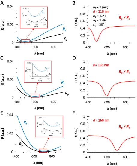 Figure 3 shows the calculated reflectance curves from a thin film with an effective refractive index of n 1 = 1.21 and different film thicknesses, d = 110, 135 and 160 nm (Figure 3A,B, Figure 3C,D and Figure 3E,F, respectively).