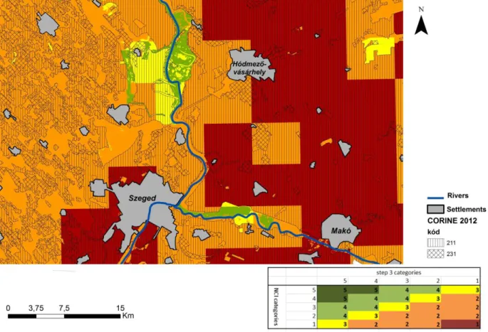 Fig. 5 Land use intensity map around Szeged overlayed wih CLC 2012 layers with code 211 and 230 