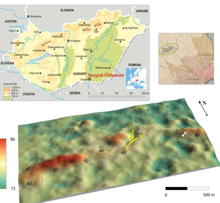Fig. 1.  Location of Szeged-Öthalom on the map of 1st Austrian Military Survey (1763–1787) and the recent topography on 3D DTM (yellow line: 