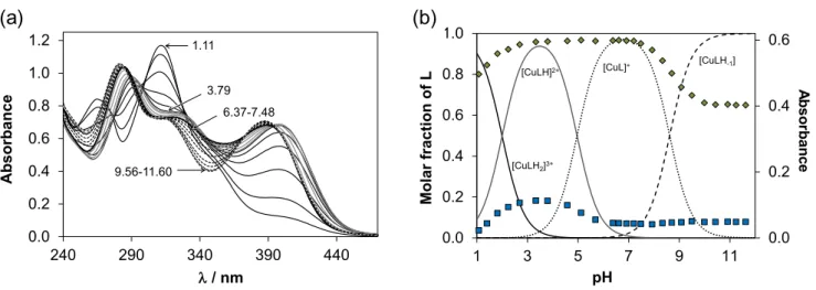 Figure 3. UV–vis spectra recorded for the Cu(II)–HL 1  (1:1) system at various pH values (a), and concentration distribution  curves and measured absorbance values at 346 nm (♦) and 440 nm (■) for the same system (b)