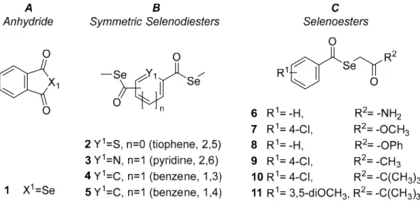 Figure 1. Structures of the (A) anhydrides, (B) symmetric selenodiesters and (C) selenoesters  evaluated