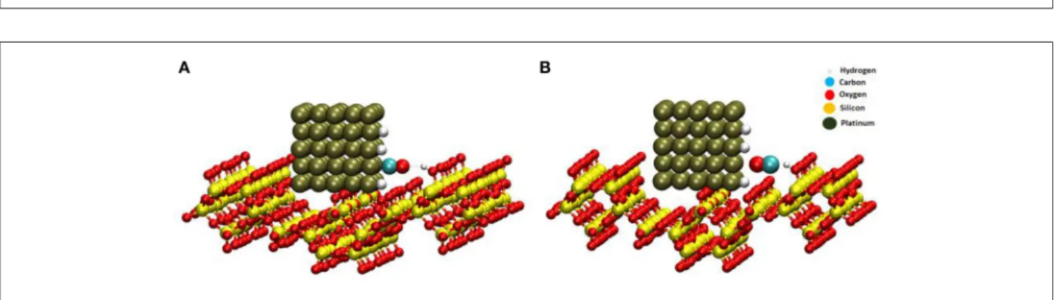 FIGURE 8 | CO adsporbs on the Pt NP via the C end (A), and CO adsorbs to Pt NP via the O end (B).