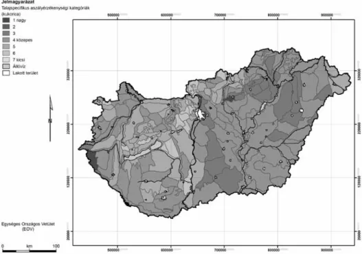 4. ábra Magyarország kistájaira meghatározott talajspecifikus aszályérzékenység a kukorica terméshozamai alapján Figure 4 soil-specific drought sensitivity of subregions of hungary, according to yield rates of maize