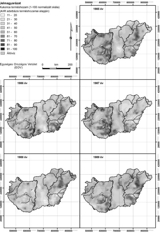 1. ábra a kukoricatermés az aiir-adatbázis alapján (1985–1989) Figure 1 Maize yield maps constructed to the nPcDP database years (1985–1989)
