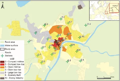 Fig. 1  Spatial distribution of local climate zones over the study area   (crosses mark the sites of urban climate monitoring system) 