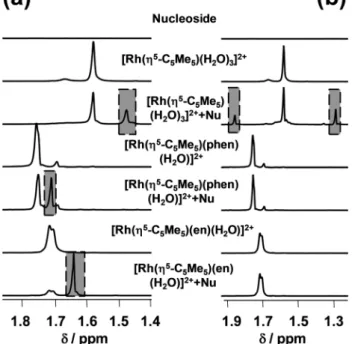 Fig. 9 High-field region of 1 H NMR spectra of the guanosine (a) and adenosine (b), [Rh(Z 5 -C 5 Me 5 )(H 2 O) 3 ] 2+ , [Rh(Z 5 -C 5 Me 5 )(phen)(H 2 O)] 2+ , [Rh(Z 5 -C 5 Me 5 )(en)(H 2 O)] 2+ and their mixed systems