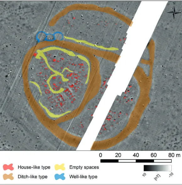 Fig. 6. Interpretation of  magnetic anomalies  at the Kakucs-turján  archaeological site.