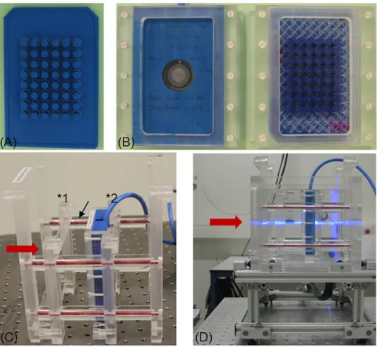 Fig 1. Setup and equipment for zebrafish embryo irradiation at horizontal beams. (A) ABS stamp and (B) exemplary sample holder for the capped Markus IC (left) and one 96 well plate covered by a stamp plate (right) with the inner 48 wells filled with embryo