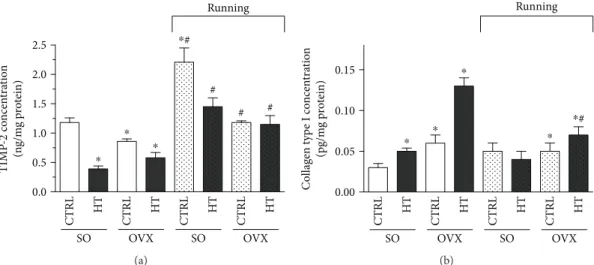 Figure 4: (a) Eﬀects of 12-week wheel-running exercise and nutrition on the cardiac TIMP-2 level (expressed as ng/mg protein)