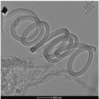 Figure 5 Representative TEM image of S-doped MWCNTs, showing the coiled morphology.