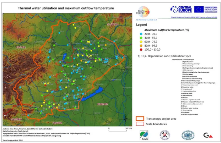 2. ábra. Üzemelő termálkutak osztályozása és térképi megjelenítése a kifolyó víz hőmérséklet alapján,   Transenergy projekt