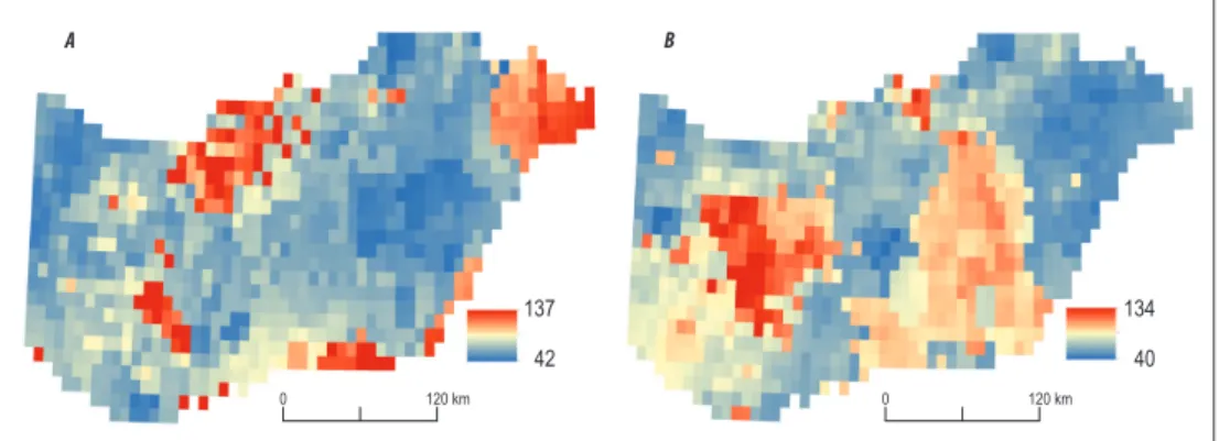 Fig. 3. Spatial distribution of daily MMPAs in June (a) and August (b) derived from the CC using the Goda-method