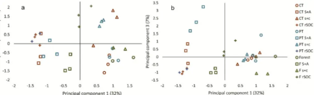 Figure 3. Data distribution along principal components 1 and 2 (a) and 1 and 3 (b). CT: conservation tillage; PT: ploughing tillage; NF: native forest; S+A: sand and aggregates; s+c: fine fraction (&lt;20 µm);