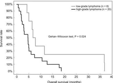 Fig. 4. Kaplan–Meier survival curves in Boxer dogs with low-grade (n = 8; median OS = 6.8 months)  and high-grade lymphomas (n = 20; median OS = 4.7 months) 