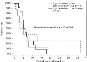 Fig. 5. Kaplan–Meier survival curves in Boxer dogs treated with chemotherapy (n = 12;  